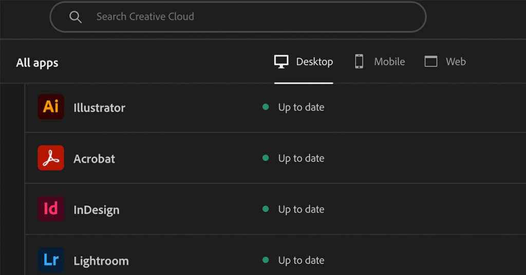 screenshot showing the icons for a variety of design apps within the Adobe Creative Cloud Suite