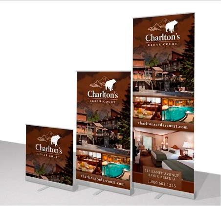 retractable portable banner stand for a Banff business that can be set up at multiple different heights with adjustable hardware. 