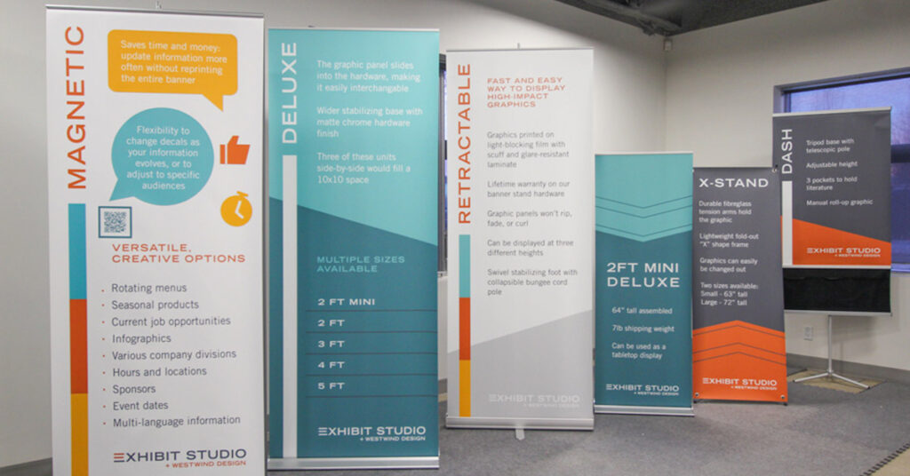 series of portable banner stands at a trade show showroom in Calgary, Alberta.