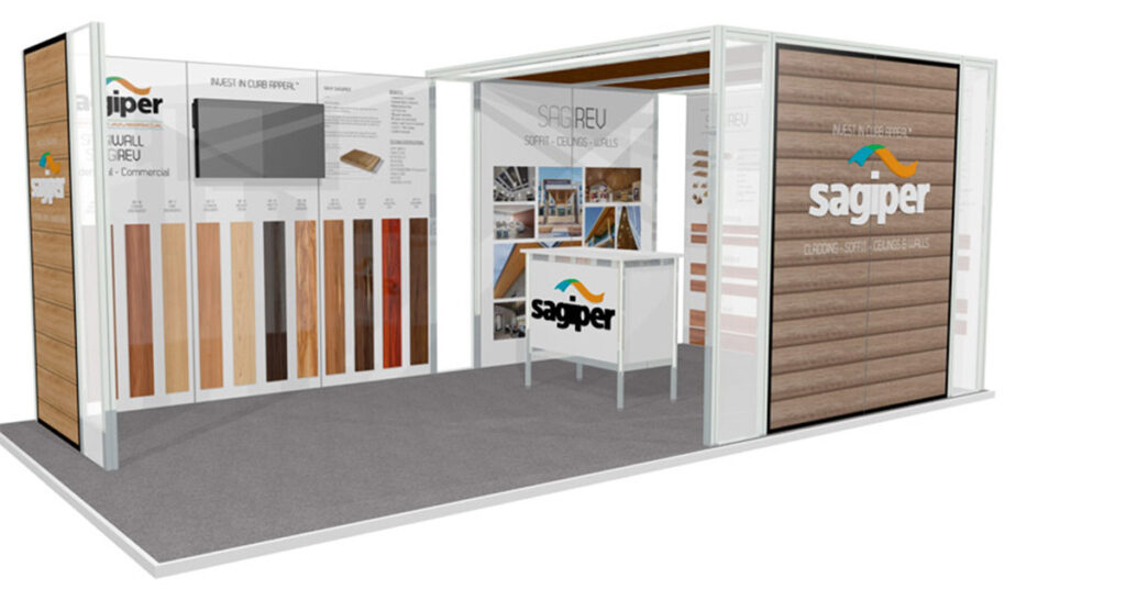 rendering of a 10x20 modular trade show booth for a builders show in Vancouver.