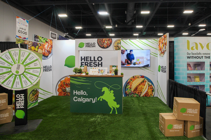 linear trade show booth at the Calgary Stampede BMO centre for Hello Fresh