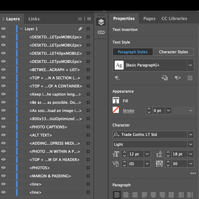 a screenshot within an Adobe inDesign document showing the layers of text and photos along with other design settings.