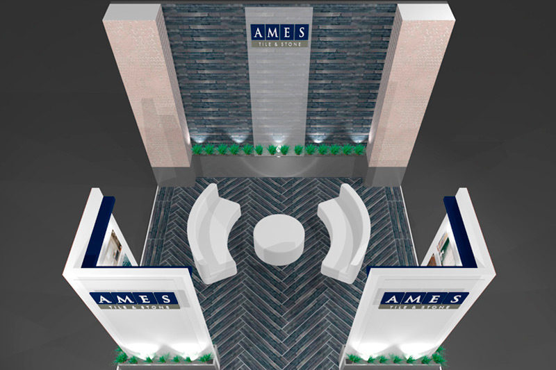 rendering of the 20x20 booth with freestanding wall panels, a tiled backdrop, and custom tiled floor