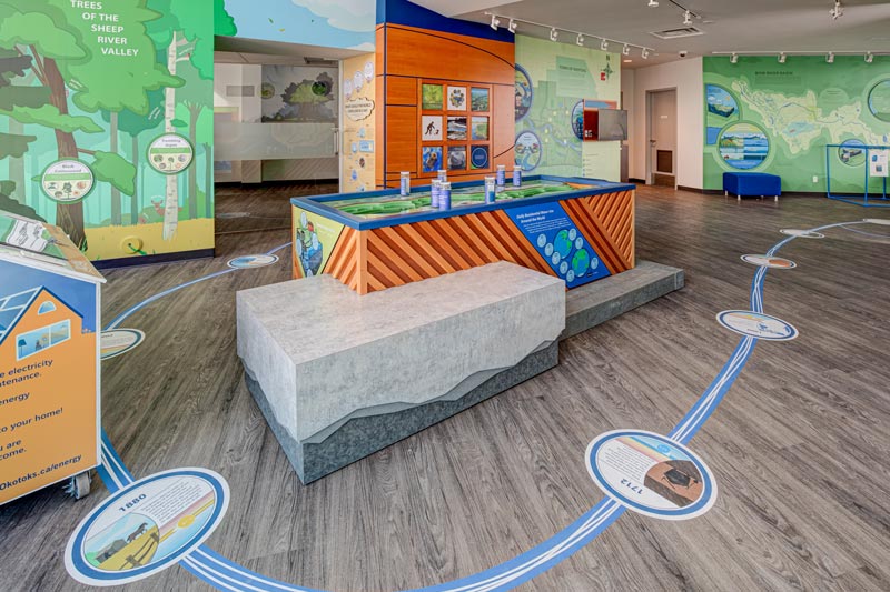 an interpretive museum in Okotoks Alberta. Exhibits shown feature timeline floor decals, a custom counter and bench with rock layers, vinyl wall graphics with trees and nature, and interactive wall placards with facts.