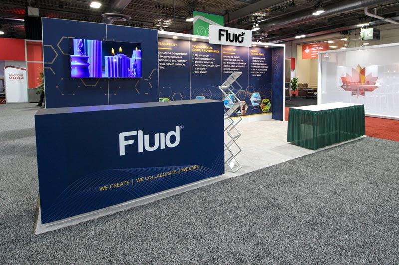 10x20 modular trade show display at the Global Energy Show in Calgary, Alberta. This modular exhibit contains BeMatrix walls with branded graphics, a counter with storage, extended header sign, and monitor display.