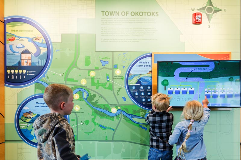 children interacting with a digital touchscreen at an interpretive centre in Alberta. The wall mural shows a map of the areas rivers and waterways, educating on how water is used to supply the areas residents. 