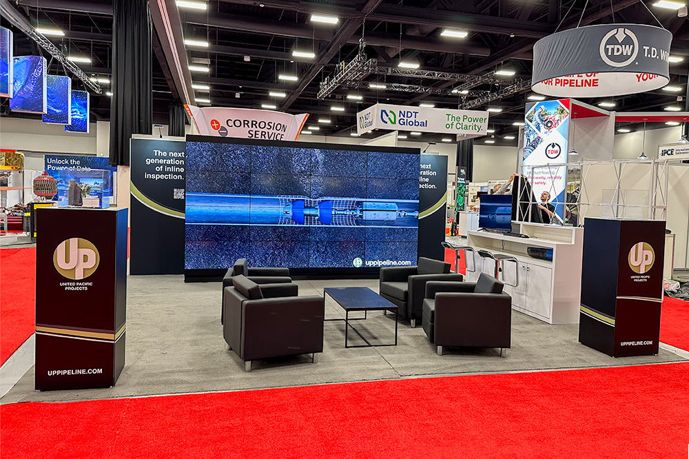 10x20 rental trade show video wall and furniture for an exhibit in Calgary, Alberta.