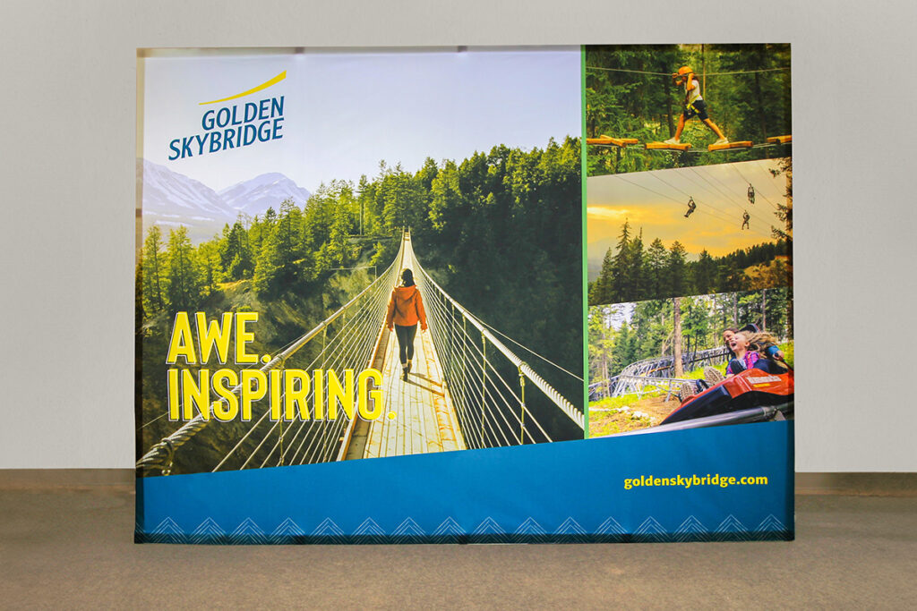 10ft backlit hop-up portable fabric display showing the golden skybridge tourist attraction in BC.