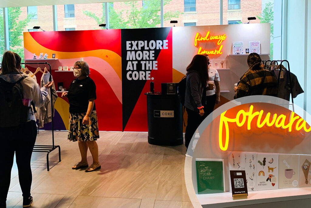 portable 18ft' pop-up display in Calgary, Alberta for a retail pop-up event. The display includes shelves to feature products, along with a custom neon sign. 