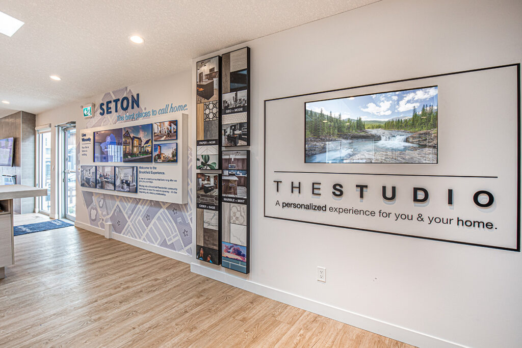 branded showroom dimensional wall for a show home in Calgary, Alberta