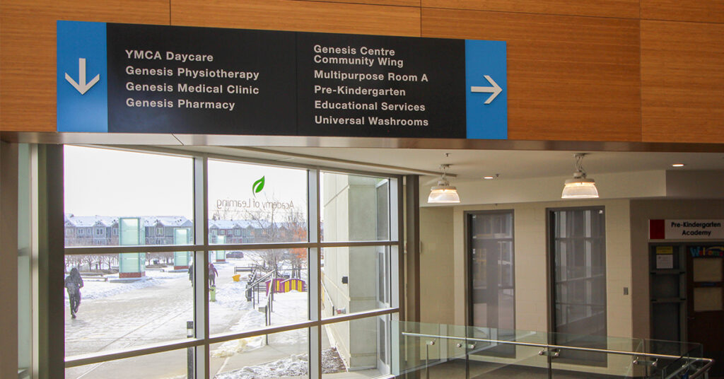 wayfinding signage designed and built in Calgary, Alberta for a community recreation centre.