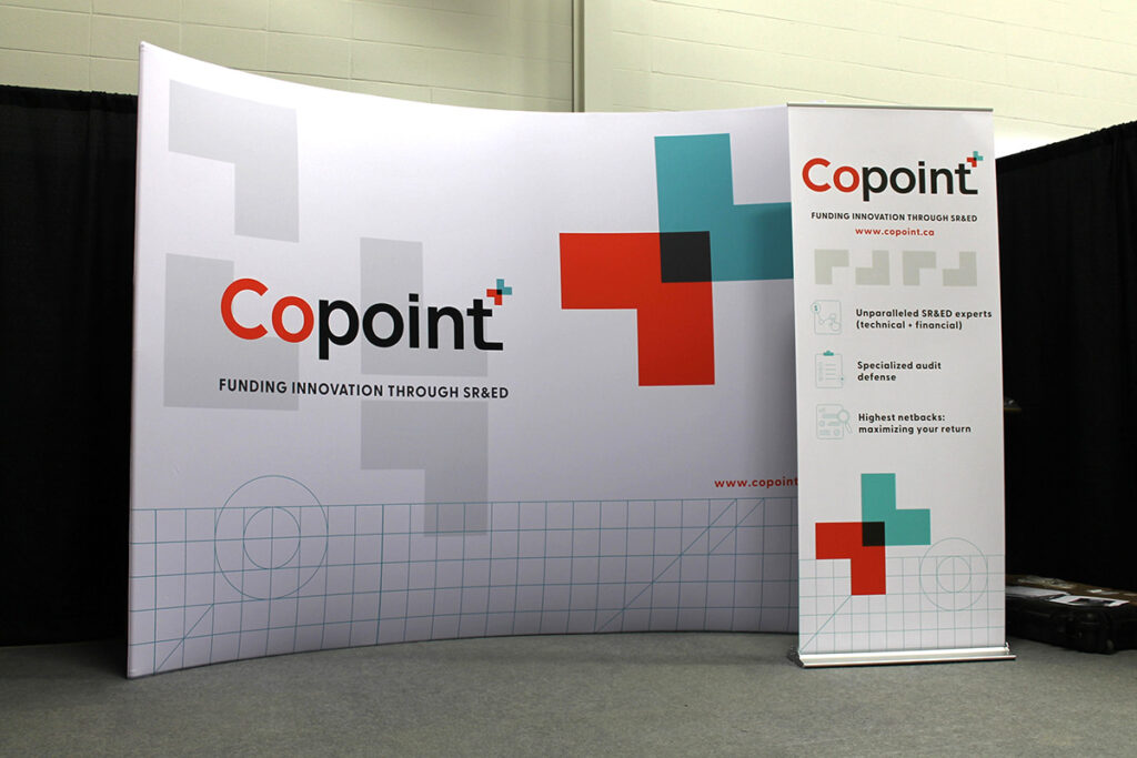 curved portable 10ft  wave tube fabric display with a deluxe retractable banner stand in Calgary. 