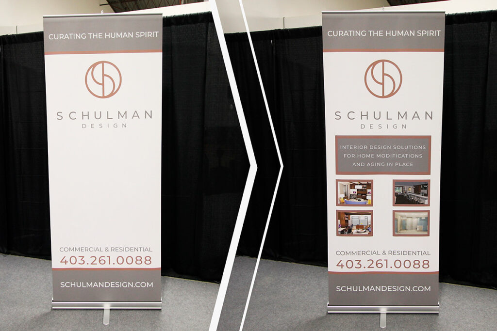 retractable magnetic banner stand for a design group in calgary, alberta. Left shows the version without the magnetic decals. On the right is rectangular magnets showing interior design spaces. 