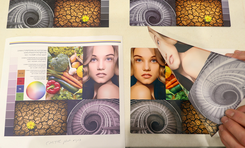 image compilation on the left shown on the dye sublimation heat transfer paper. On the right is a more vibrant version shown on the final substrate after the heat transfer process, with the transfer paper peeled back.