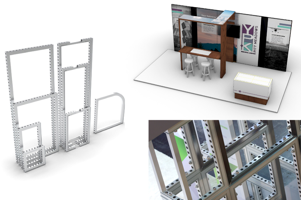 modularExhibitFrames_bematrix renderings of bematrix modular aluminum framing systems. On the left is a series of metal regtangular frames of different height, widths, and one with a curved corner. The frames have large holes in them, used to connect to hardware that creates the frames. On the top right is a rendering of a 10x20 modular trade show display, with an overhead reception desk canopy connecting to the back wall. On the bottom is a close up image of the bematrix frames connected to create dimensional wall features.