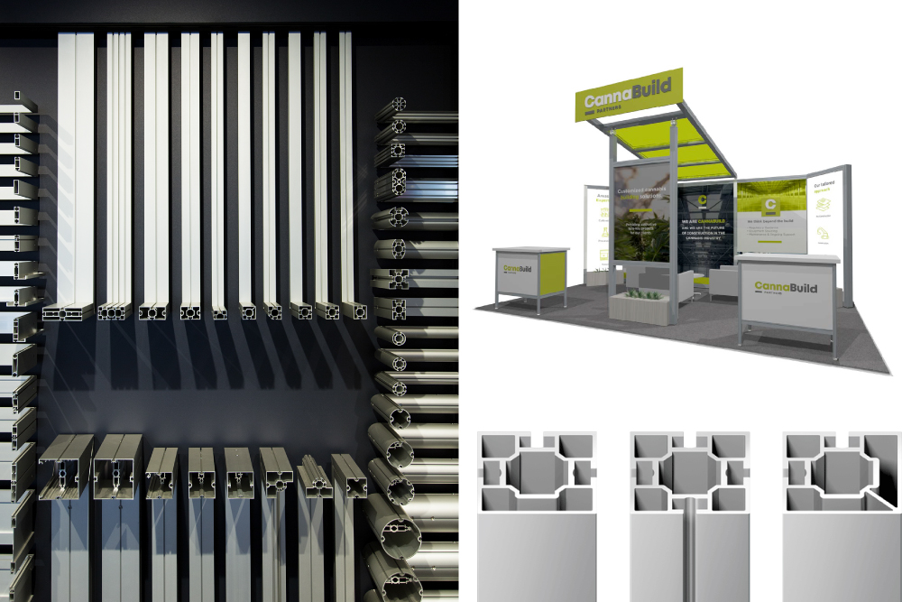 modularExhibitFrames_octanorm octanorm aluminum extrusion system used to build modular exhibits. On the left a series of traight bar pieces are shown with different connection shapes that form frames. On the top right is a 10x20 modular booth showing graphics panels inset into the frames. An extended sign and panel at the front rise above the height of the back wall, connected by a slanted overhead canopy.