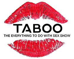 the taboo everything to do with sex show logo, text is enclosed within a red mouth impression